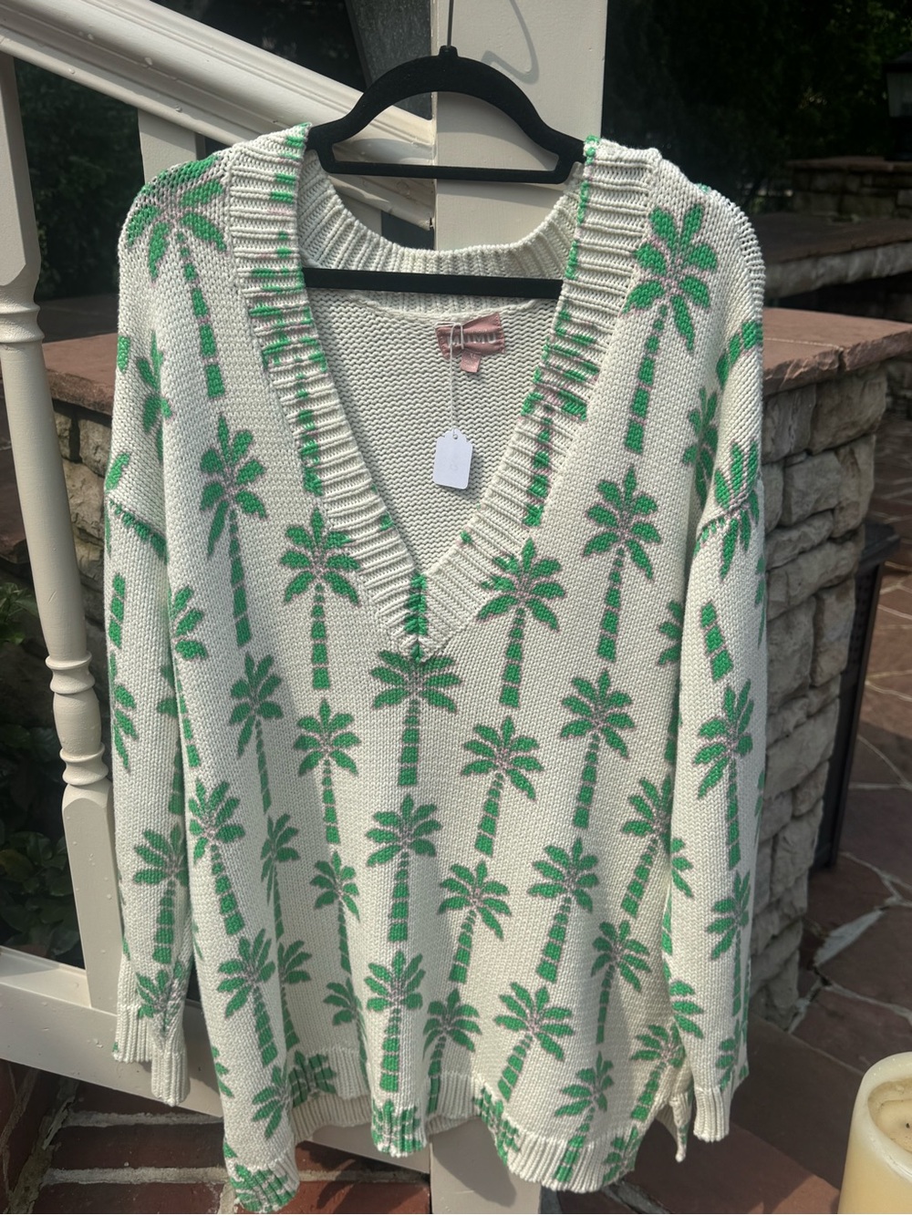 Show Me Your MuMu Cream V-Neck Sweater with Green Palm Motif